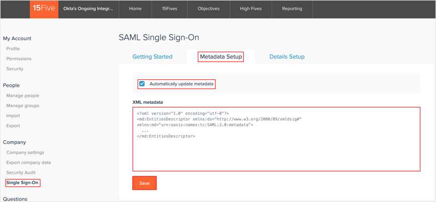 Select Company > Single Sign-On > Metadata Setup