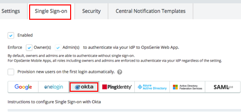 OpsGenie Single Sign-on tab