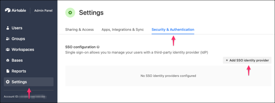 go to Settings > Security & Authentication, then click Add SSO Identity Provider