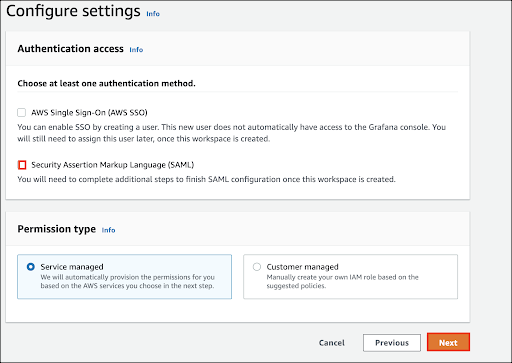 AWS Console > Amazon Managed Grafana.  SAML authentication method, Service Managed