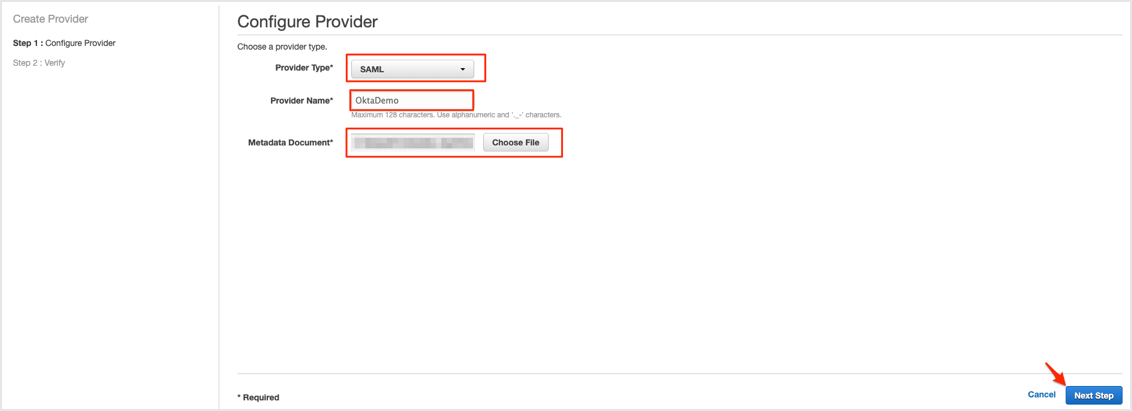 Enter Identity Provider config info, click Next Step