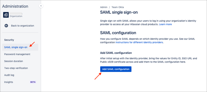 Select SAML single sign-on and click Add SAML configuration