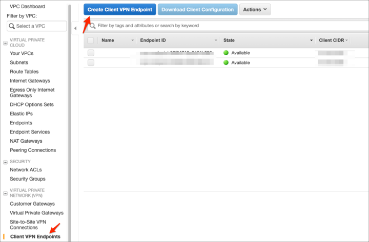 go to Client VPN Endpoints and click Create Client VPN Endpoint