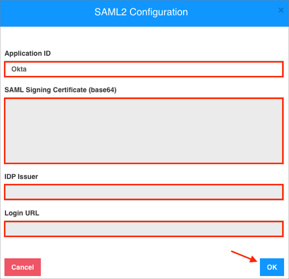 Enter SAML config values