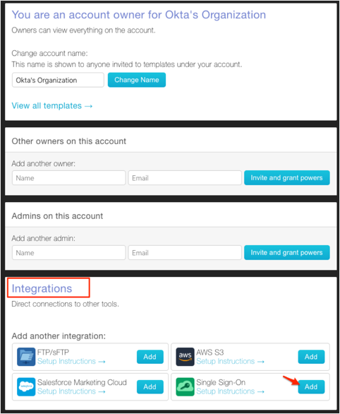 Navigate to Integrations -> Single Sign-On and click Add