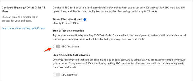 Enable SSO test mode and test SSO credentials