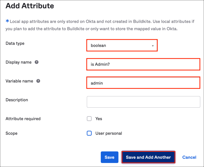 add custom attributes admin and teams to Buildkite in Okta