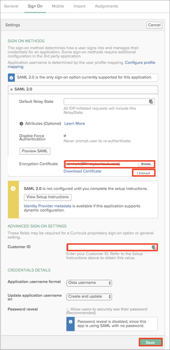 Encryption Certificate (from Cirricula) and Customer ID into Okta