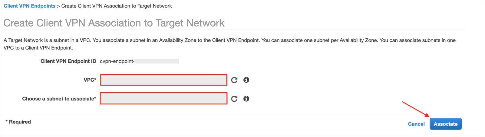 associate a target network with the VPN endpoint