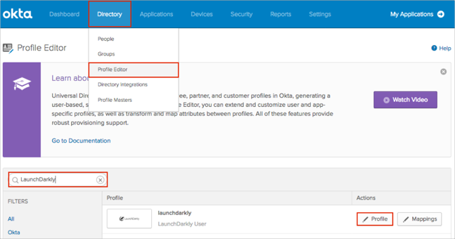 Add custom roles: Directory > Profile Editor. Search for the LaunchDarkly app, then click Profile