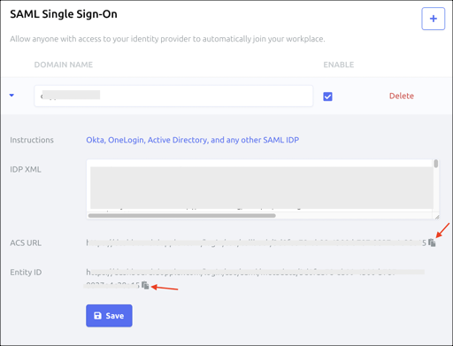 enter IDP Metadata, email domain and access level