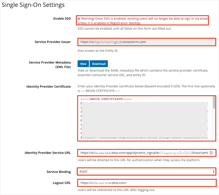 Enter SSO config values