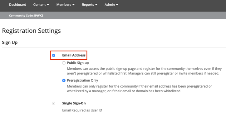 Admin > Registration > Registation Settings, select Email Address