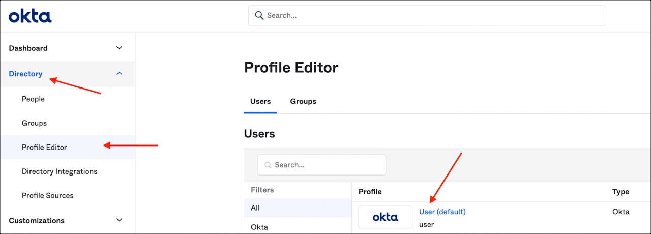 In Okta, go to Directory > Profile Editor, then click User (default).
