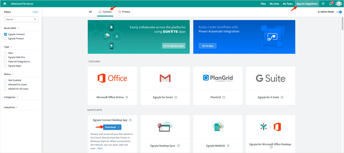 Apps & Integrations > Connect.  Egnyte Connect Desktop App > Download