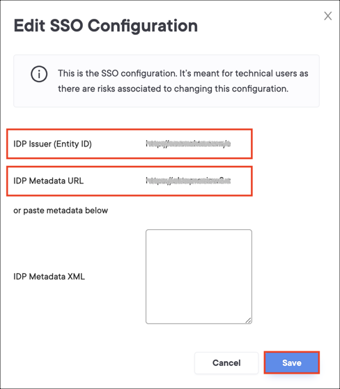 Go to Settings > Advanced, New SSO Config, enter SAML config values