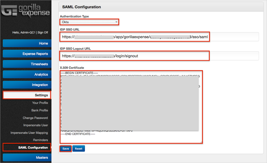 How to Configure SAML 2.0 for Gorilla Expense