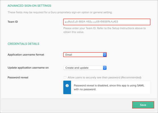 Okta Sign On page, ADVANCED SIGN-ON SETTING, enter Team ID, select Email as Application username format