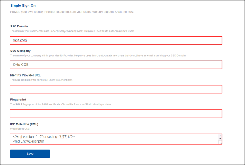 helpjuice SSO Config page