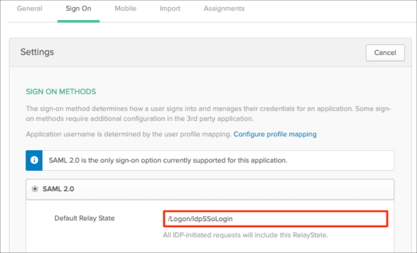 enter Default Relay State: Enter /Logon/IdpSSoLogin in Okta