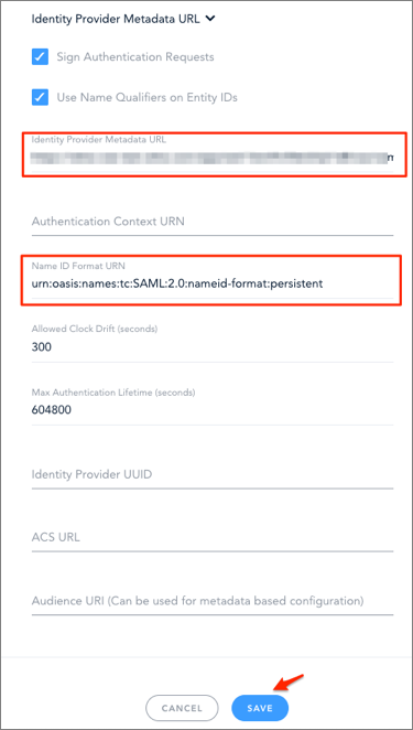 Ener Metadata URL and Name ID Format URN: urn:oasis:names:tc:SAML:2.0:nameid-format:persistent