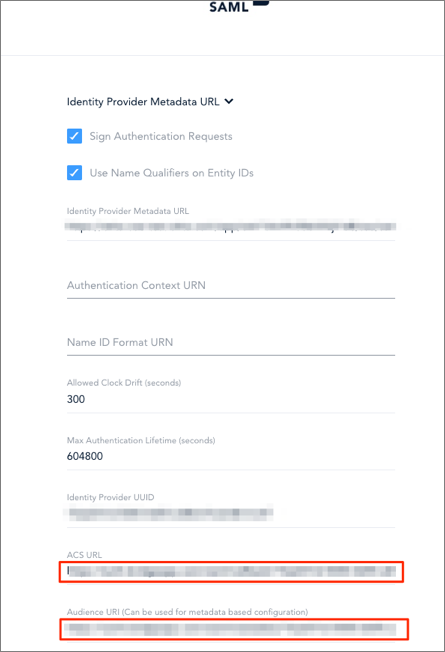 Make a copy of the ACS URL and Audience URI values