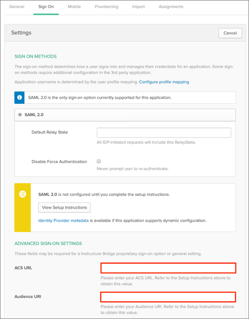 Enter the ACS URL and Audience URI in Okta - Sign On page
