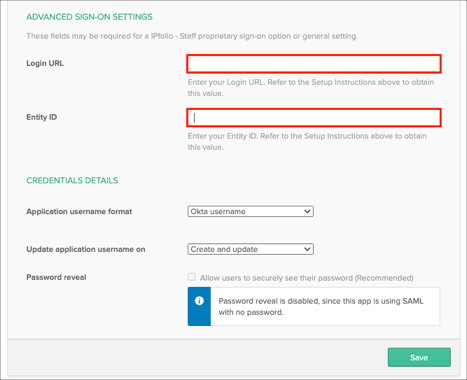 enter SAML Config values