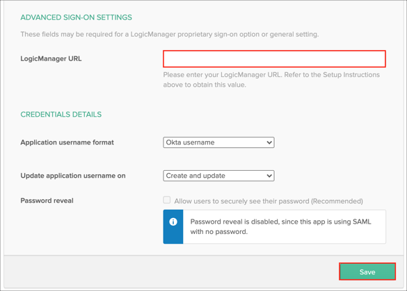 In Okta add LogicManager Url