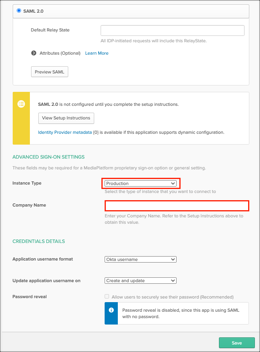 Okta Sign On - enter instance type and Company Name