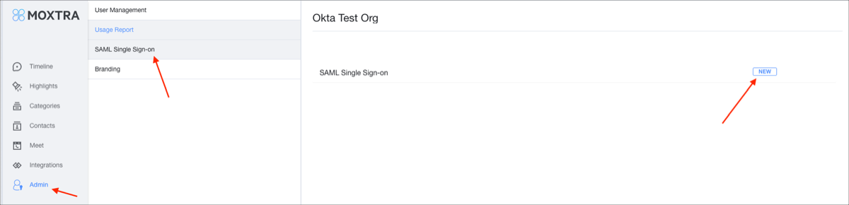 Admin > SAML Single Sign-on, click NEW