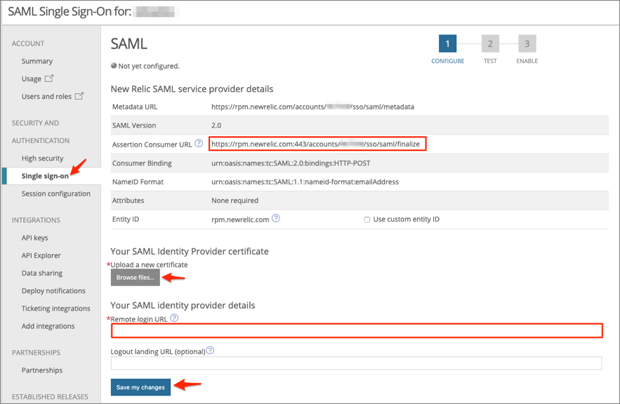 account settings > single sign-on, enter SAML config settings