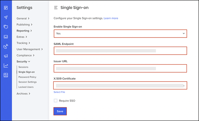 Settings > Security > Single Sign-on, enter SAML config values