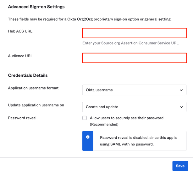 Copy your Assertion Consumer Service URL and Audience URI values into Okta, Sign On tab, Advanced Sign On Settings