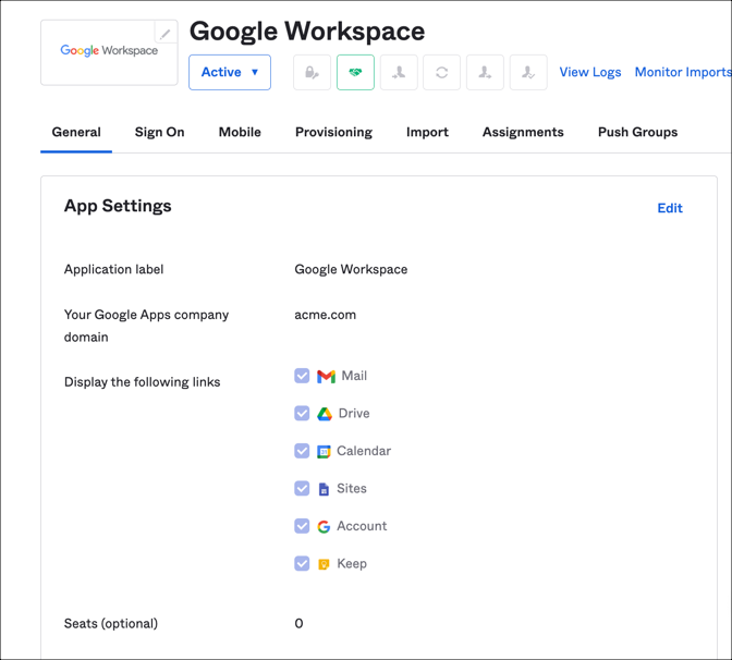 In the Hub (target) org, configure the application that you want to share with the Spoke (source) org. For this example, we used Google Workspace with SAML sign on mode