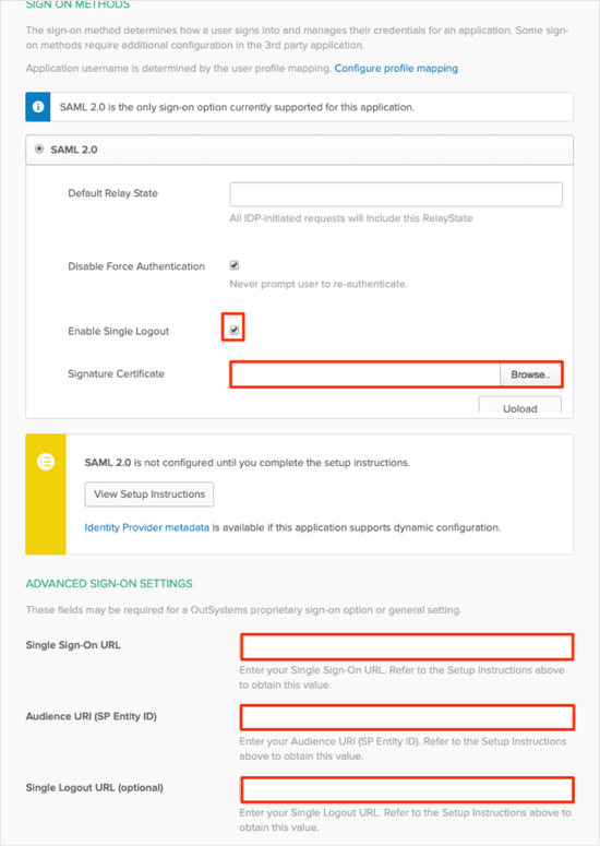 authentication configuration settings in Okta Sign On page
