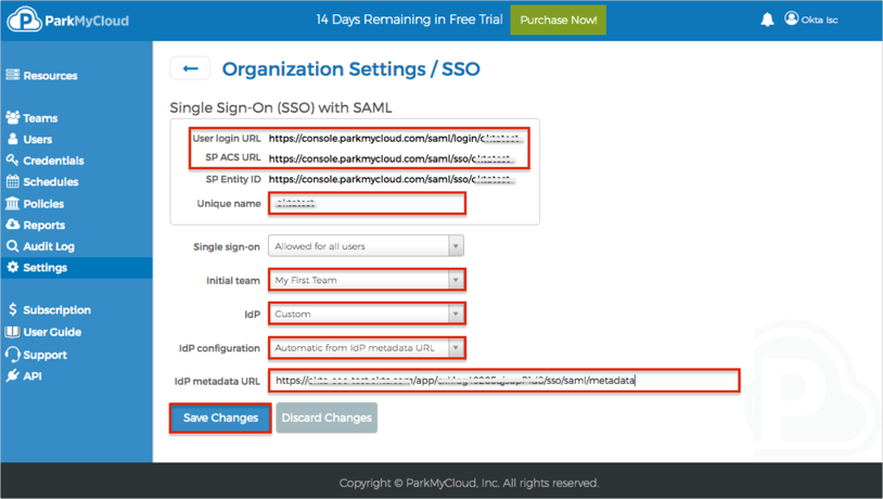 Enter SAML config values