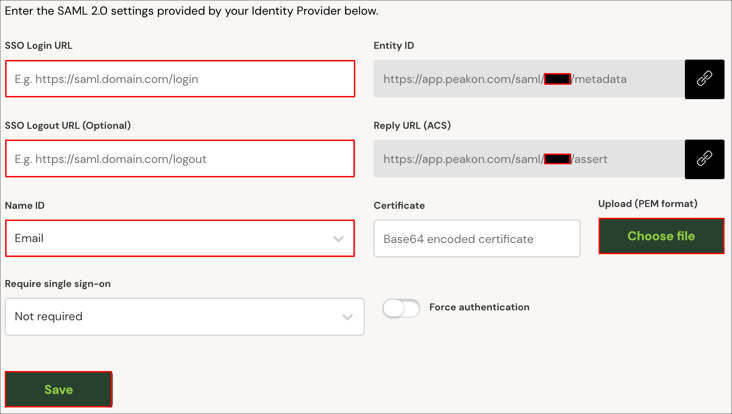 Enter SAML Config values, make a note of your Company ID section of your Entity ID