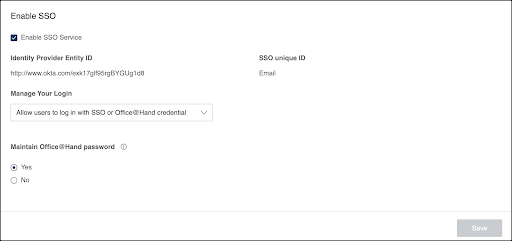 Single Sign On page > Enable SSO Service > Manage Your Login > Save