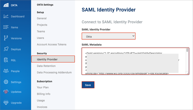Select Identity Provider, then enter SAML Config values