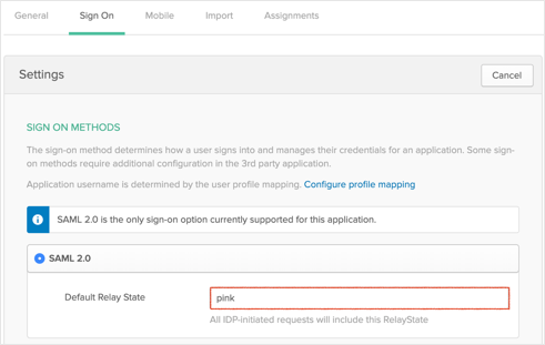 add Relay State value to Okta Sign On tab for RSA app