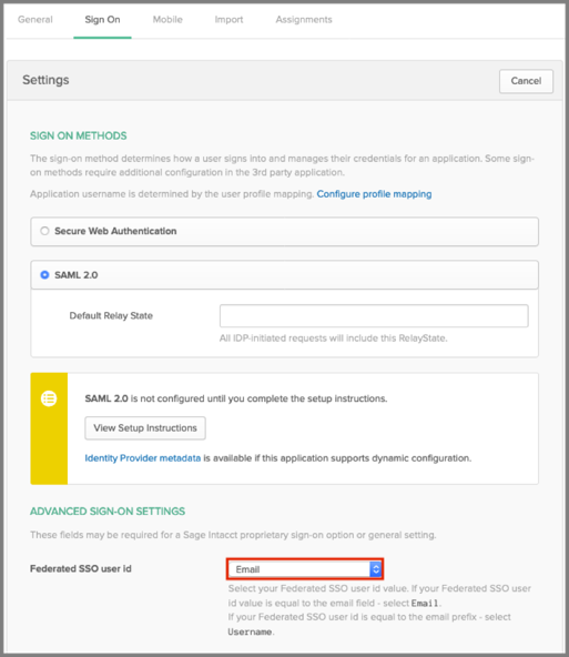 enter value for Federated SSO user id in Okta