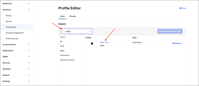 In Okta Profile Editor, search for and select the Saleo app