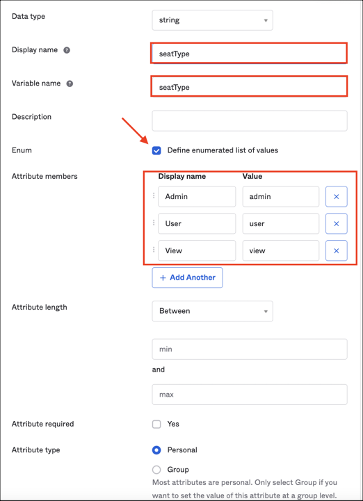 In Okta Profile Editor, add SeatType attribute
