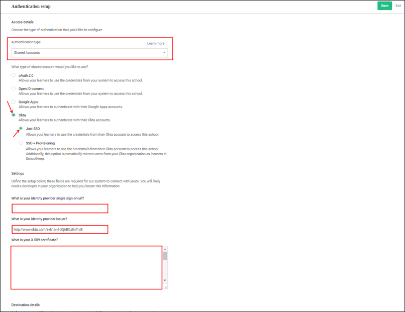 SchoolKeep SSO Settings