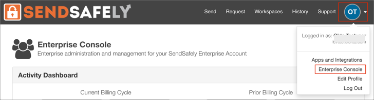 sign in to Sendsafely web portal, go to Account menu > Enterprise Console