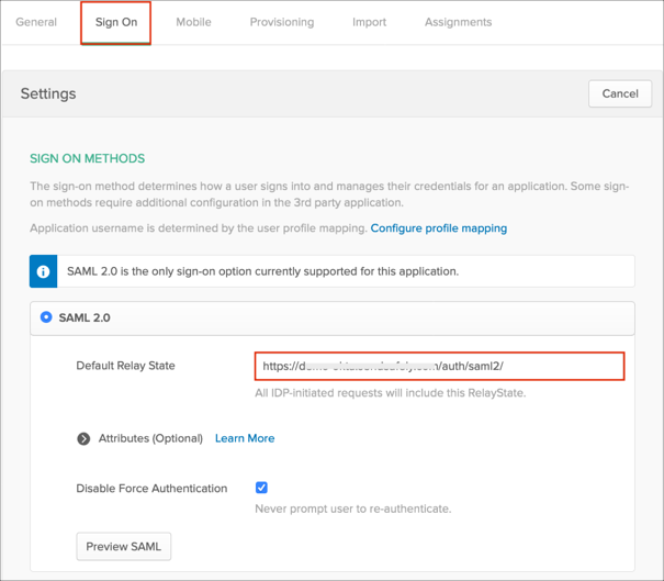 enter Default Relay State in Okta