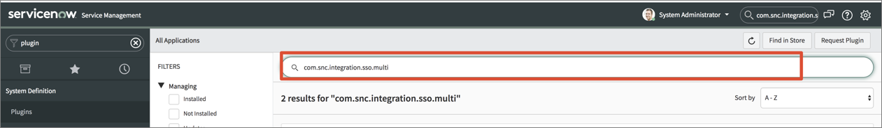 Search for com.snc.integration.sso.multi on the plugins page