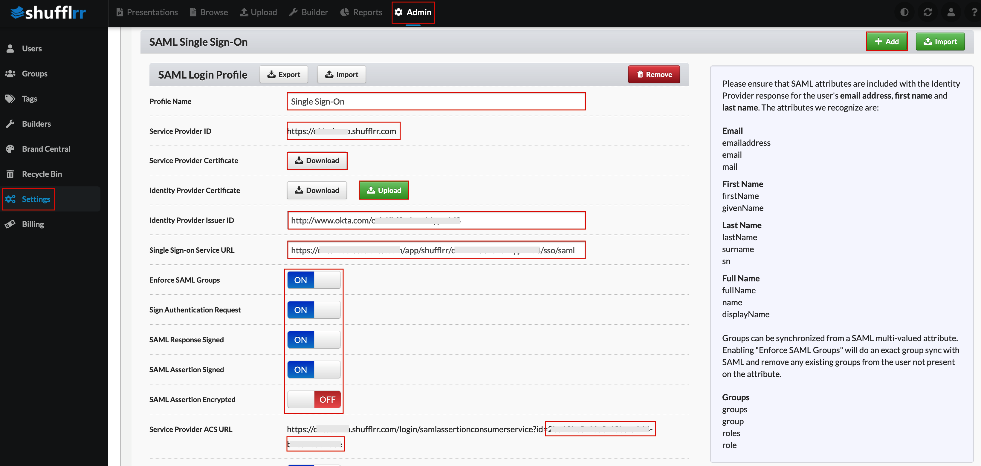 go to Admin > Settings > Authentication, click Add new SAML Single Sign On, enter SAML Config values