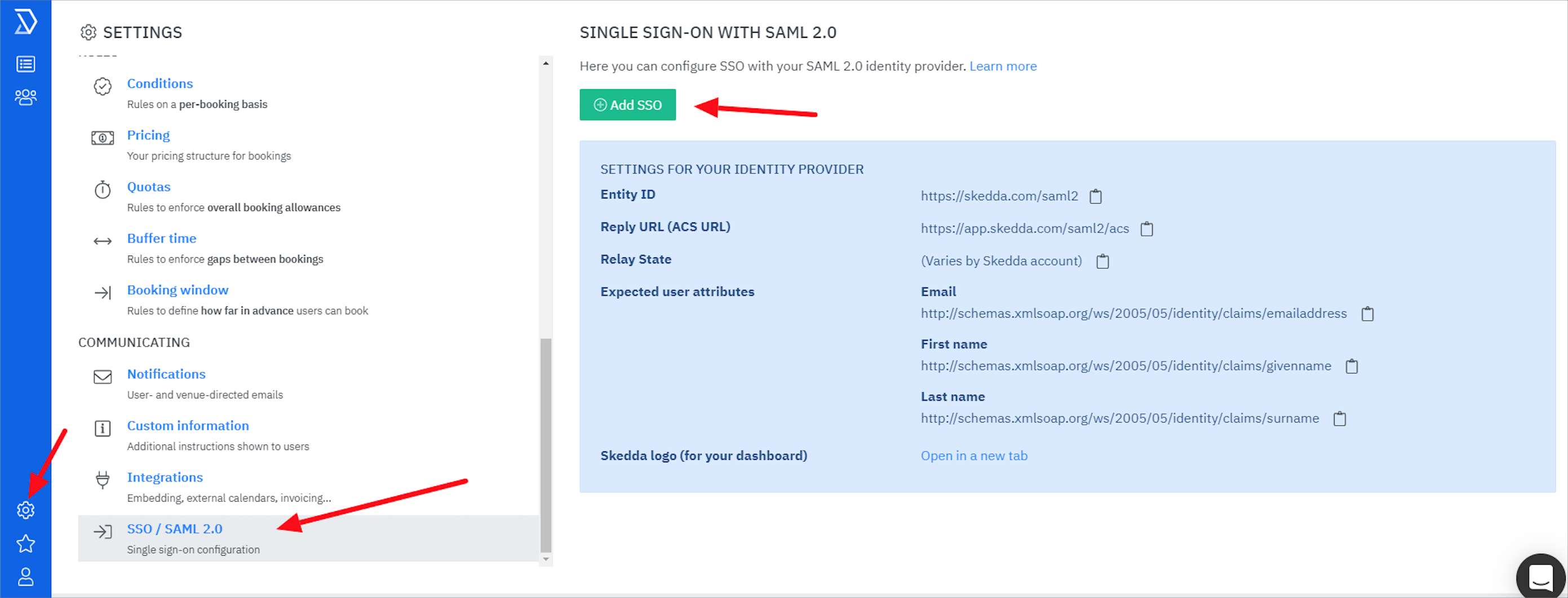 Settings > SSO / SAML 2.0, click add SSO